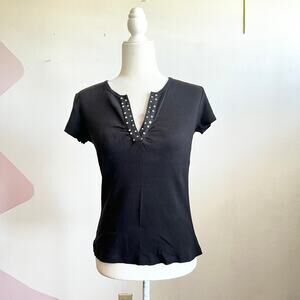 Vintage Black Beaded Top Fairy Grunge Y2K 2000s Gothic Coquette Small